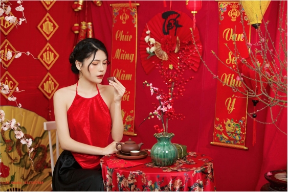Phông nền hoa tết chụp tại studio
